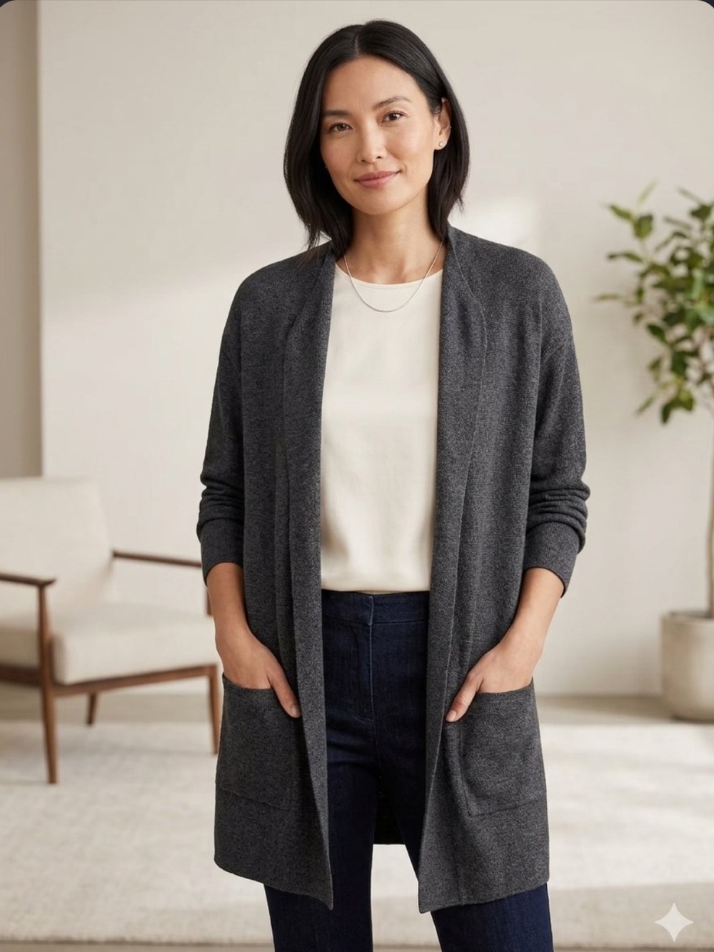 Eileen Fisher Merino Wool Blend Cardigan Longline Wrap Charcoal Gray Cozy M